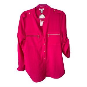 Calvin Klein Pink Tab Sleeves Button Down Zipper Pockets Size L Blouse❣️ NWT